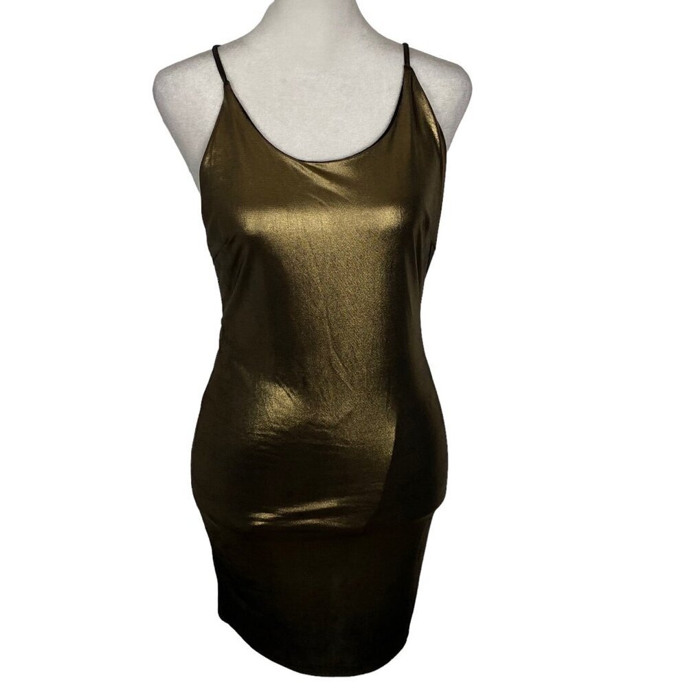 Metallic Gold Mini Dress Women Sz S Thin Crisscross Straps in Back Elegant 47-18